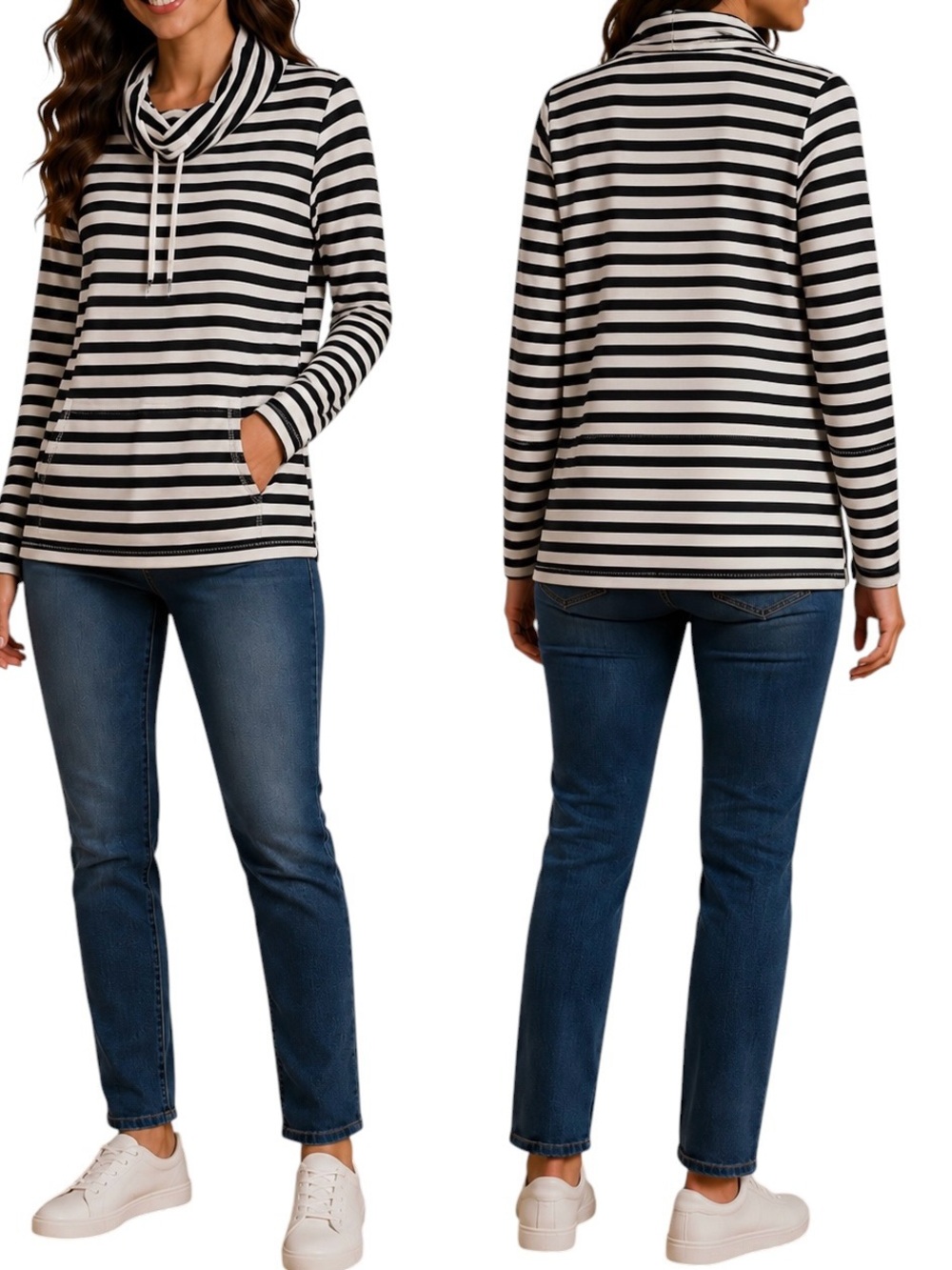 Merona Black White Striped Cowl Neck Tunic Top XS Kangaroo Pockets